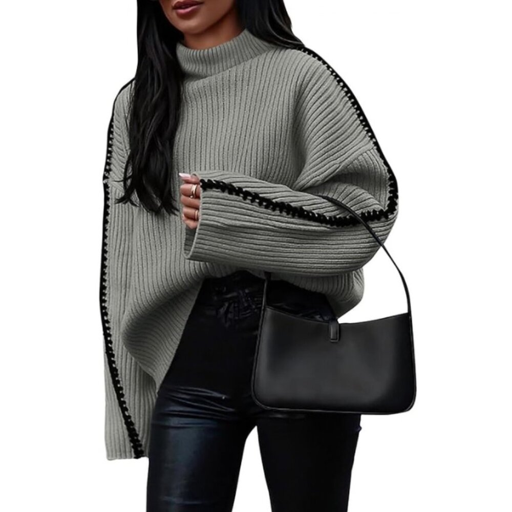 Mockneck Ribbed Contrast Stitching Chunky Sweater